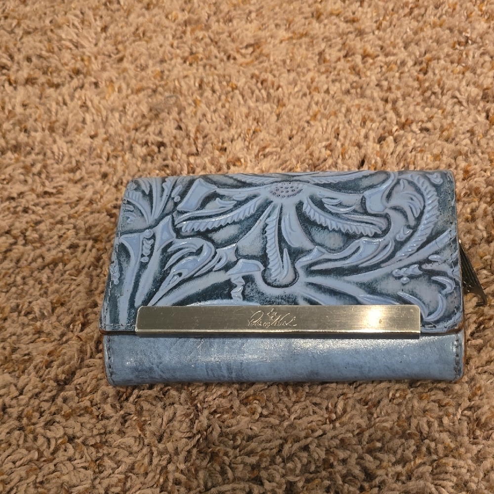Blue Embossed Floral Leather Wallet with Metal Accent
